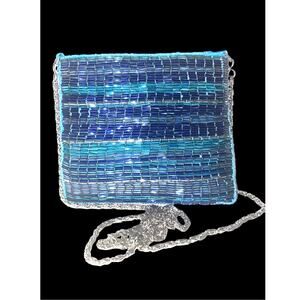 Teal bugle beaded mini shoulder bag with metal strap in EUC
